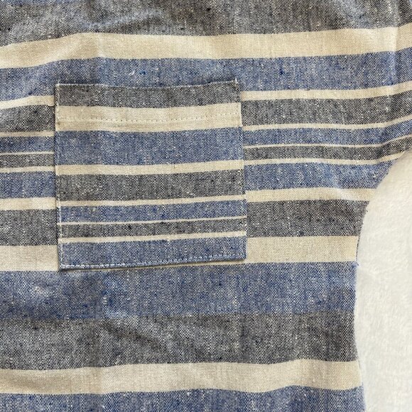 Linen Lux Women Blue Striped Short Sleeve Top Blouse Size XS Pocket Boxy Keyhole - Picture 7 of 9